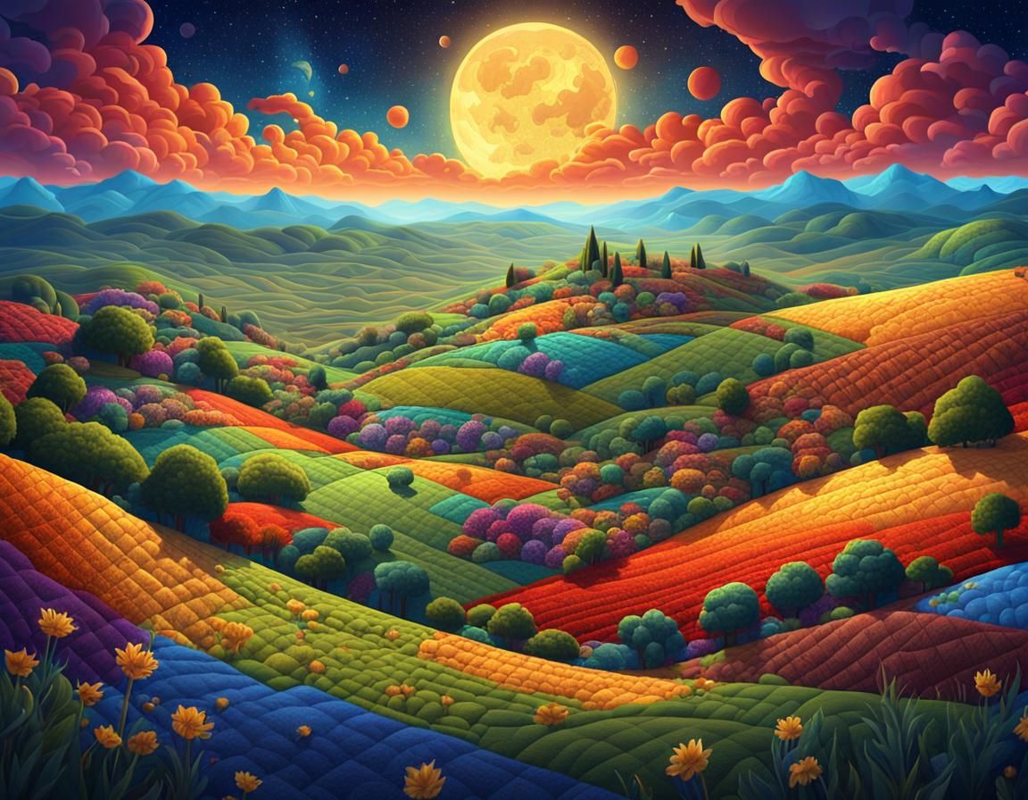 a quilted landscape, where patchwork fields, rolling hills, ...
