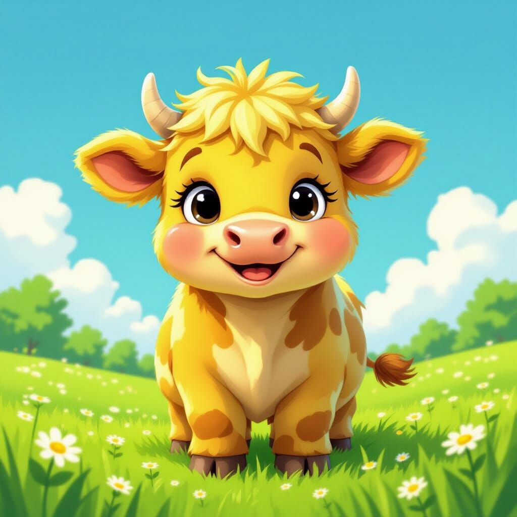 Adorable Cartoon Cow in Sunny Meadow Children's Book Style