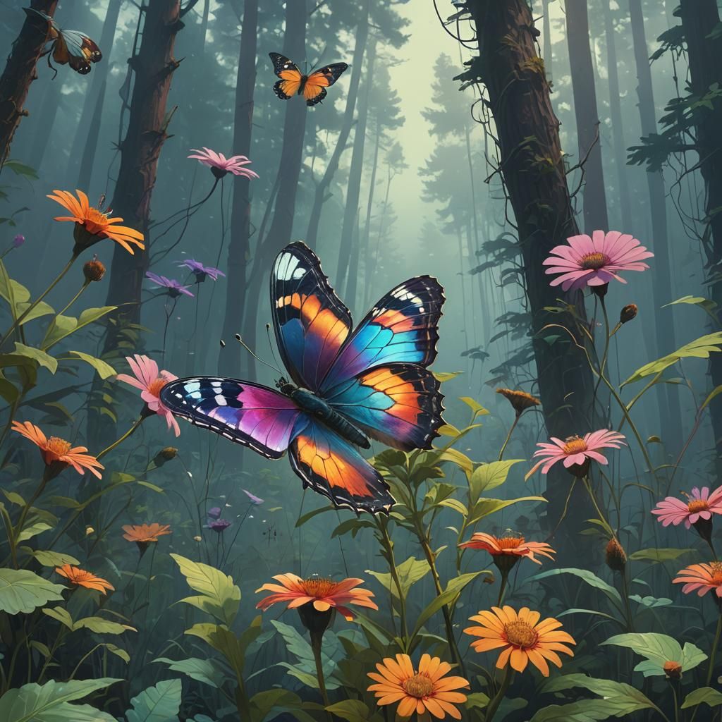 Iridescent Butterfly in Dreamy Forest, Digital Art