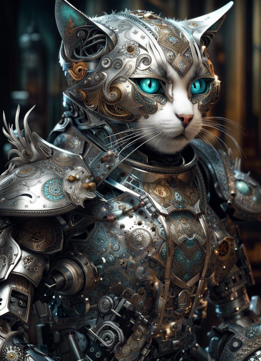 Silver Armored Robot Cat: Detailed Concept Art