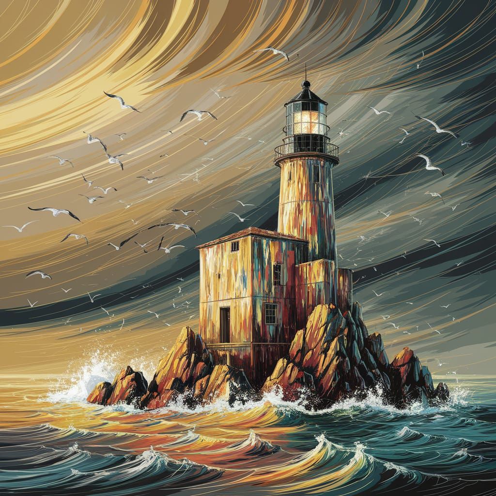 Lighthouse Amidst Stormy Sea in Gouache Style