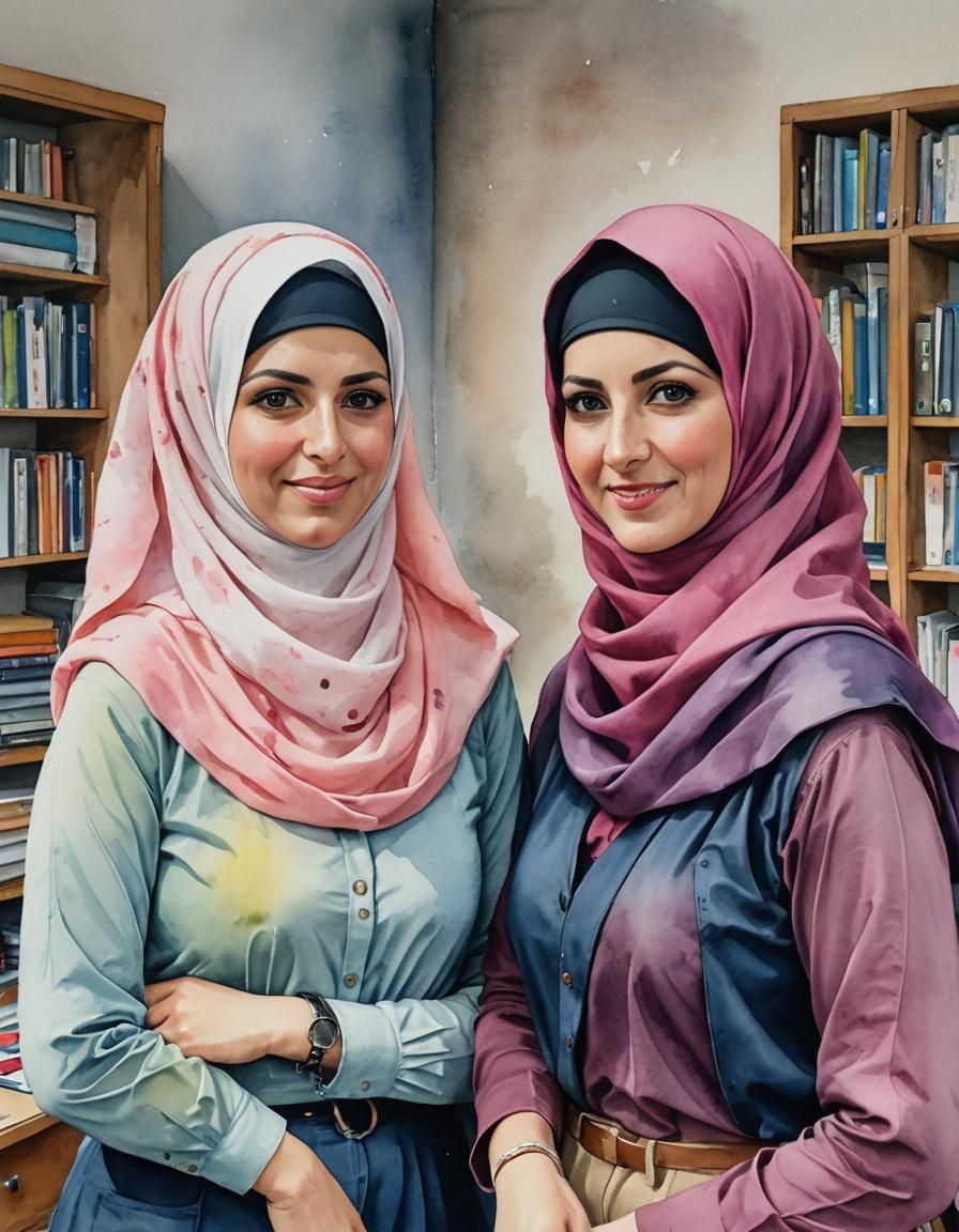 Two Teachers in Niqab and Hijab, Watercolor Portrait
