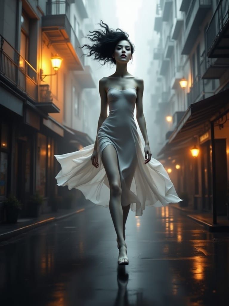 Ghostly Figures Drift Above City Crowds in Neon Haze