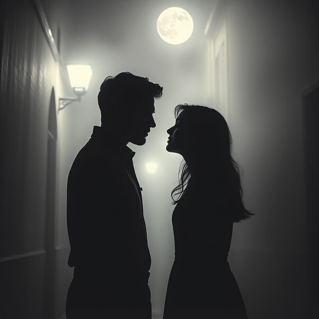 Two Lovers Embrace in a Misty Moonlit Alleyway