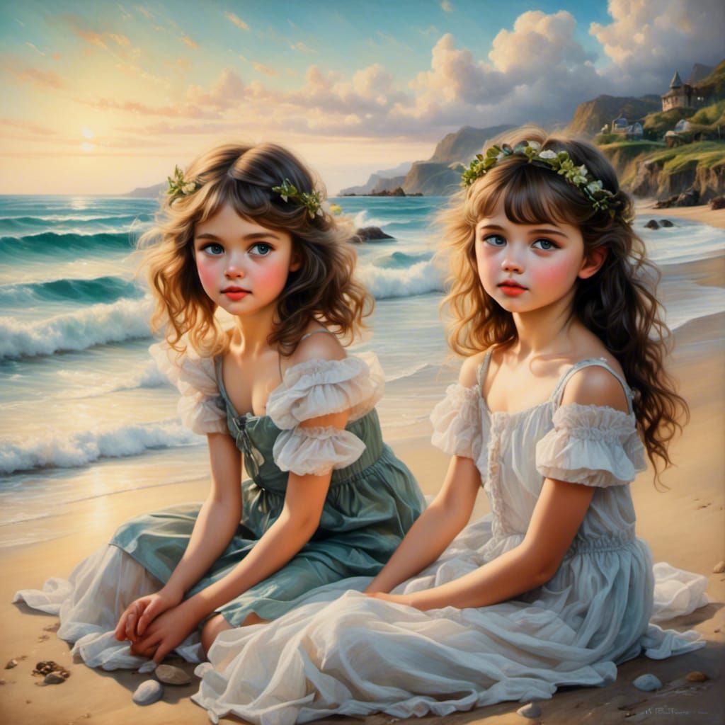 Expressive Children on Beach as Oil Painting