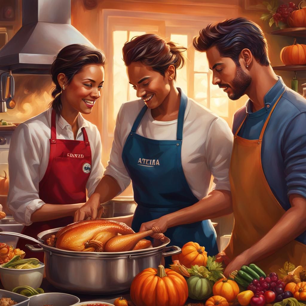LGBTQ Friends Celebrate Thanksgiving: Hyperrealistic Kitchen...
