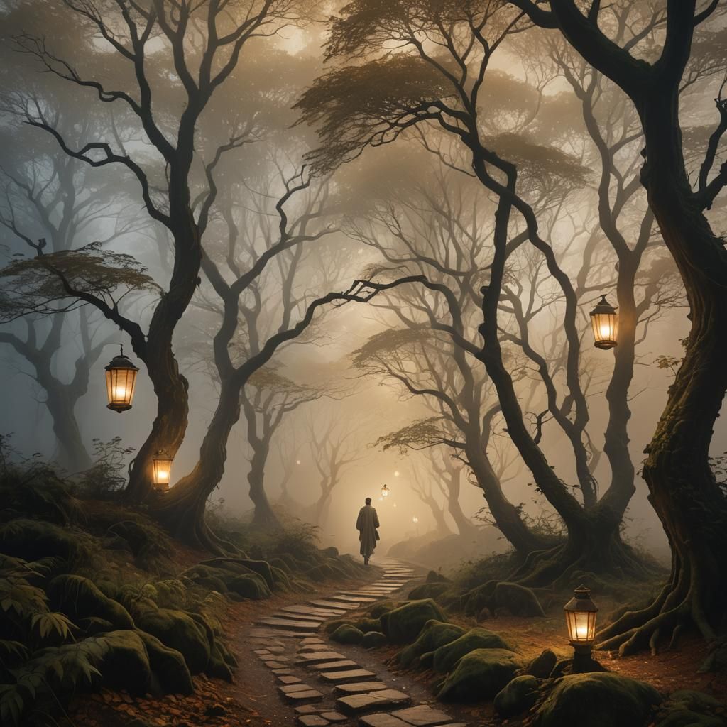 Ethereal Lantern in Mystical Forest Landscape