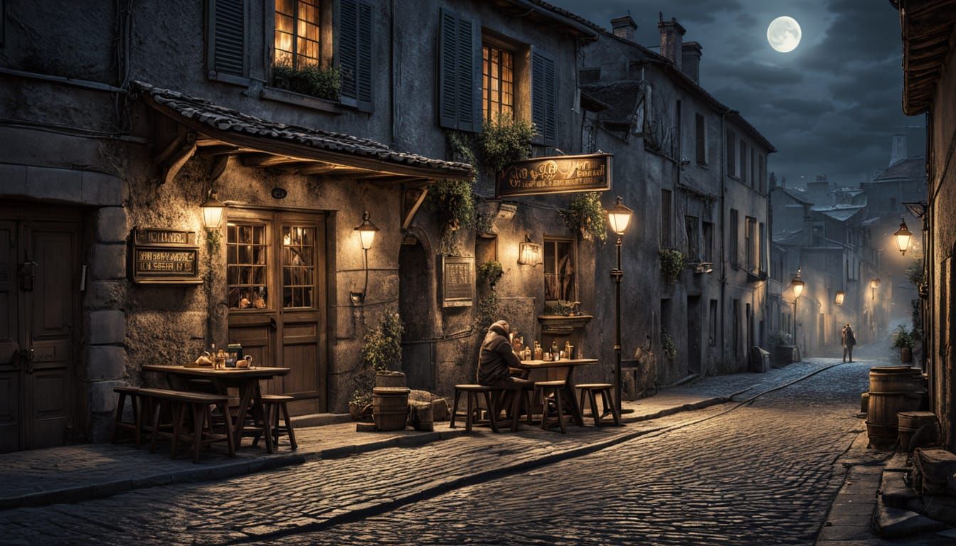 Moonlit Chibi Men Laughing Outside Tavern in Old Town