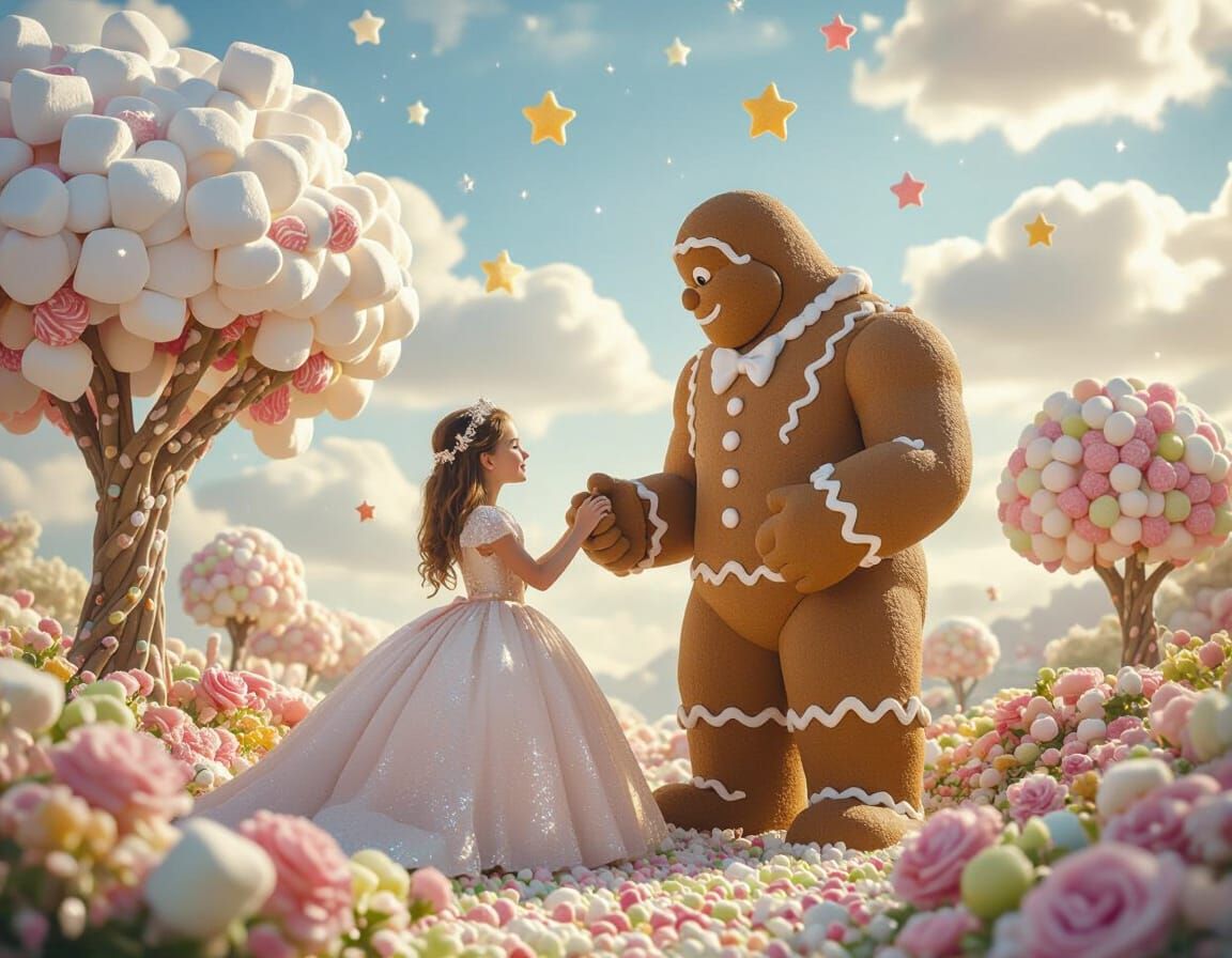 Romantic Fairy Tale: Girl and Gingerbread Giant