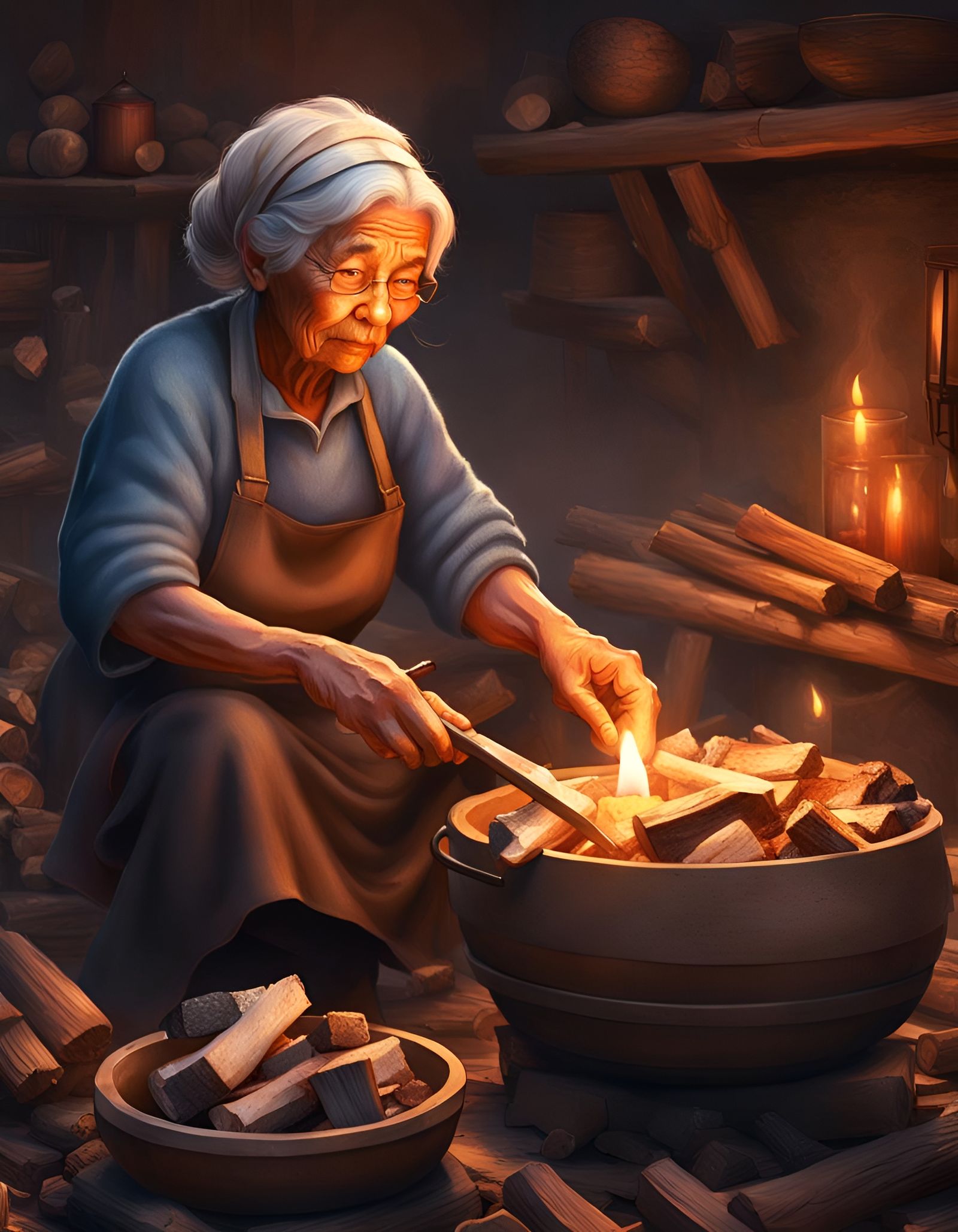 Cozy Filipino Kitchen: Elderly Woman Cooking by Firelight