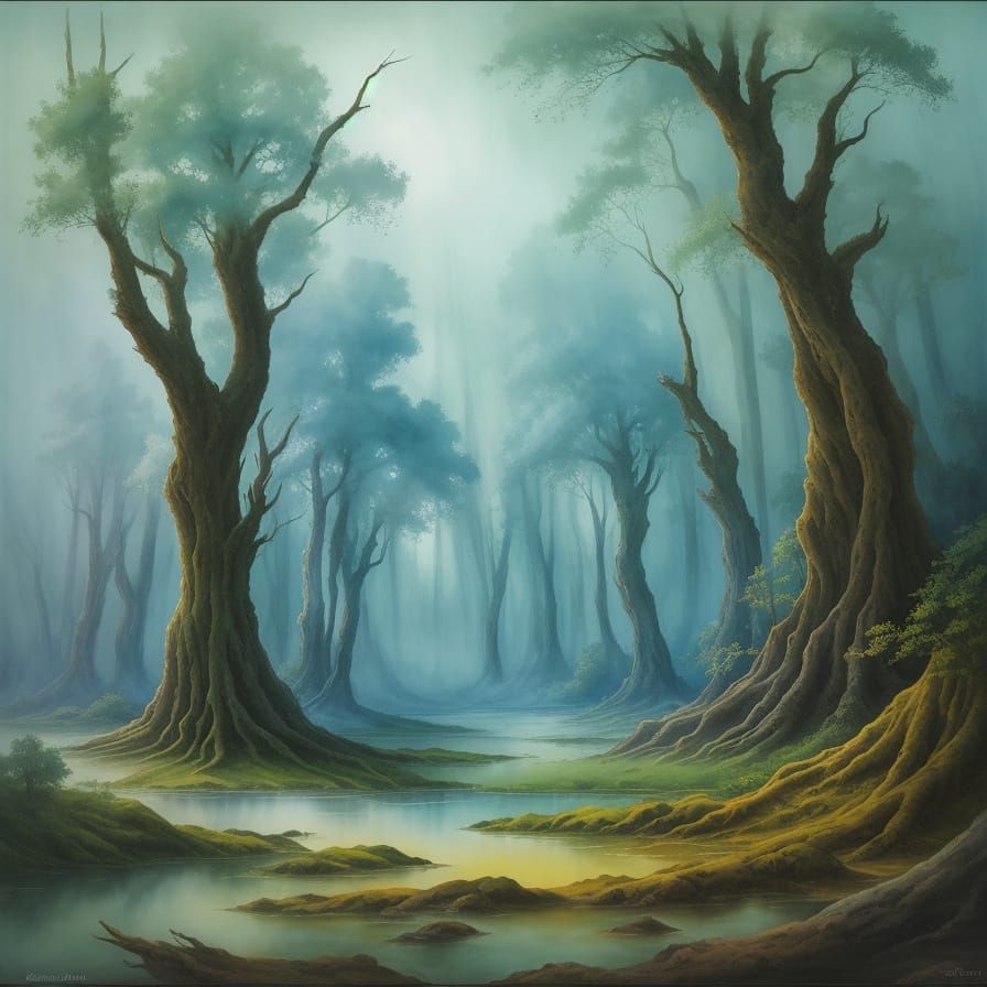 Mystical Ancient Forest Landscape in Watercolor Style
