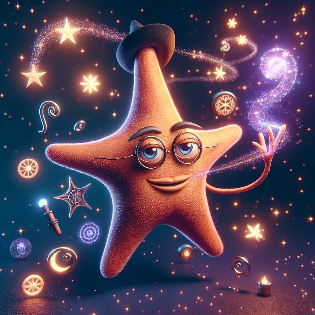 Disney Pixar style 3D anthropomorphic starfish with elemental magic, magical background