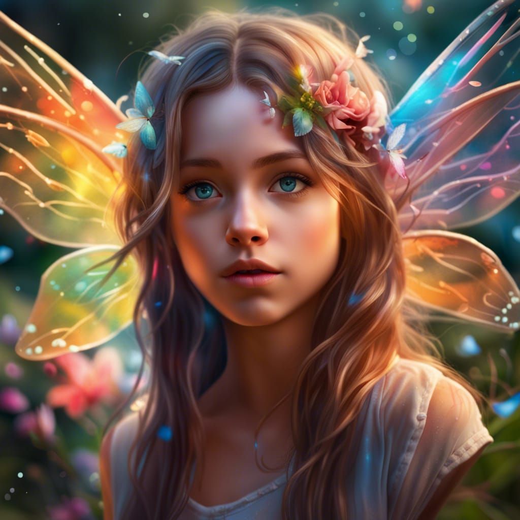 Beautiful Fairy Girl with Wings in Garden: Hyperrealistic Ar...