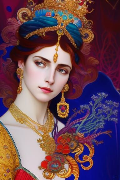 Ornate Coral Reef Queen Portrait in Art Nouveau Style