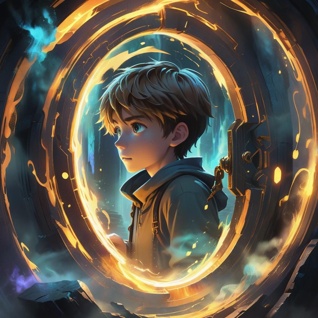 Anime Boy Peers into Magical Portal