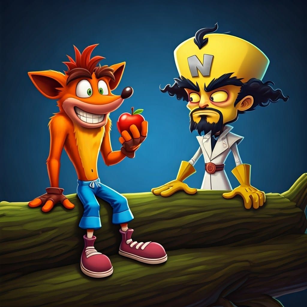 Crash Bandicoot sitzt auf einem Baumstamm, isst einen roten ...