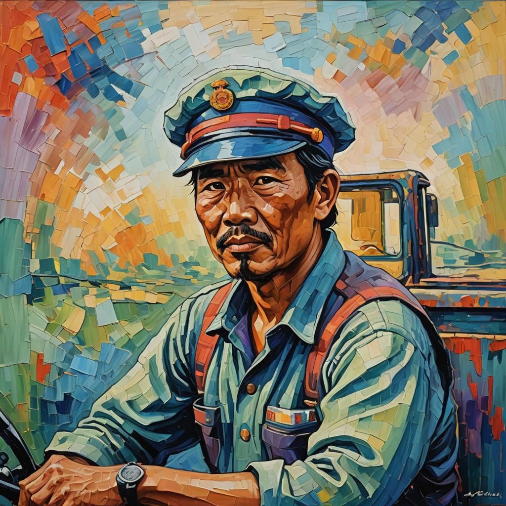 Asian Truck Driver in Expressionist Impasto Painting