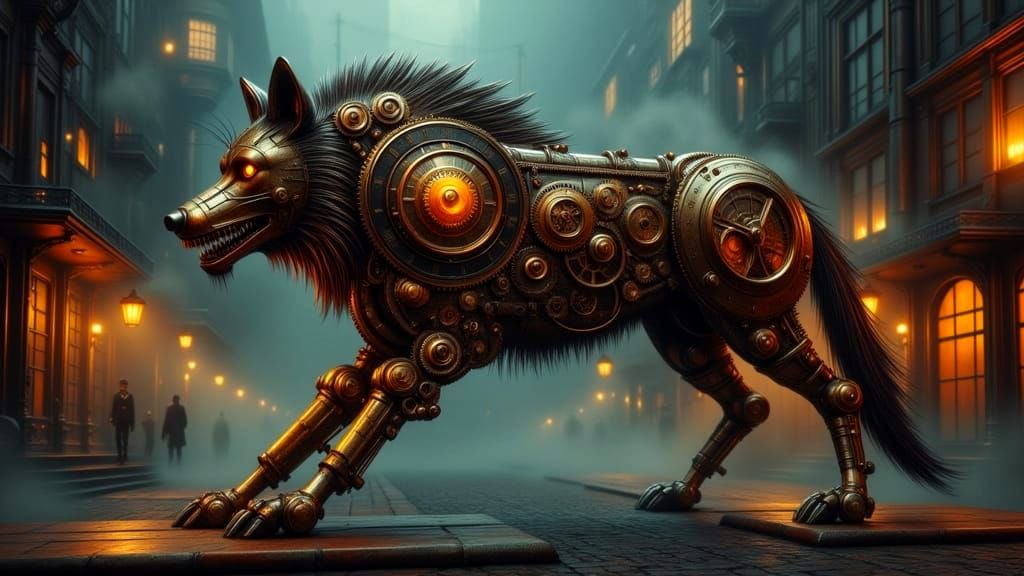 Massive Steampunk Wolf Guardian of Foggy Victorian City