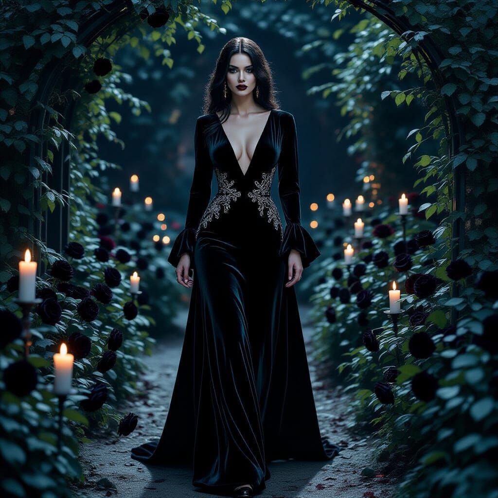 Gothic Muse in a Moonlit Rose Garden