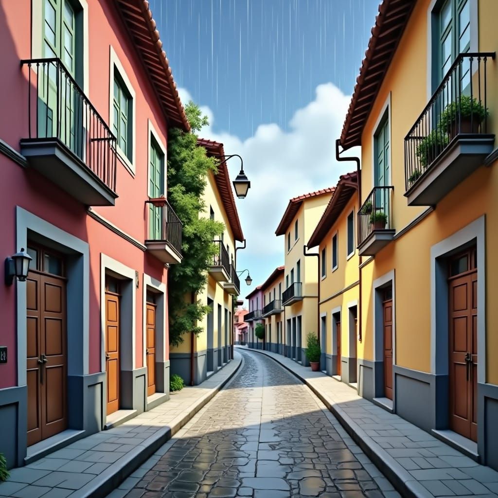 Rainy Winter Street in Old Town, Golden Hour Glow