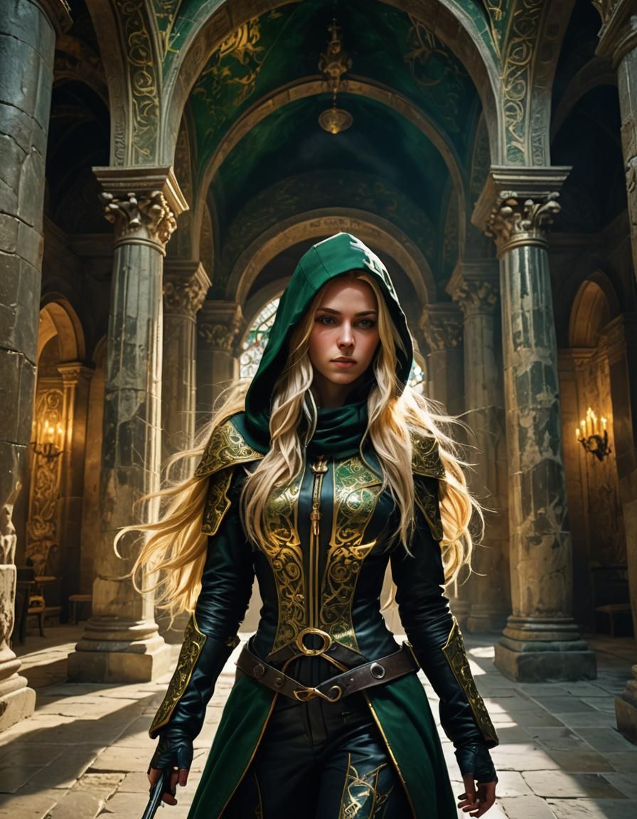 Fantasy Assassin in Baroque Style Ancient Temple