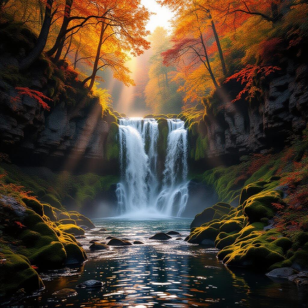 Majestic Autumn Waterfall in Golden Hour Light