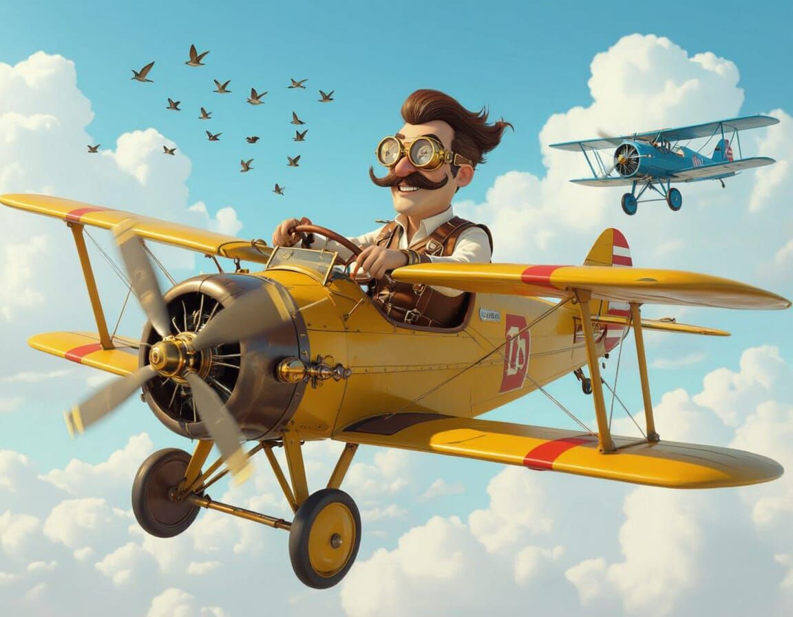 Steampunk Aviator in Biplane with Devious Smile