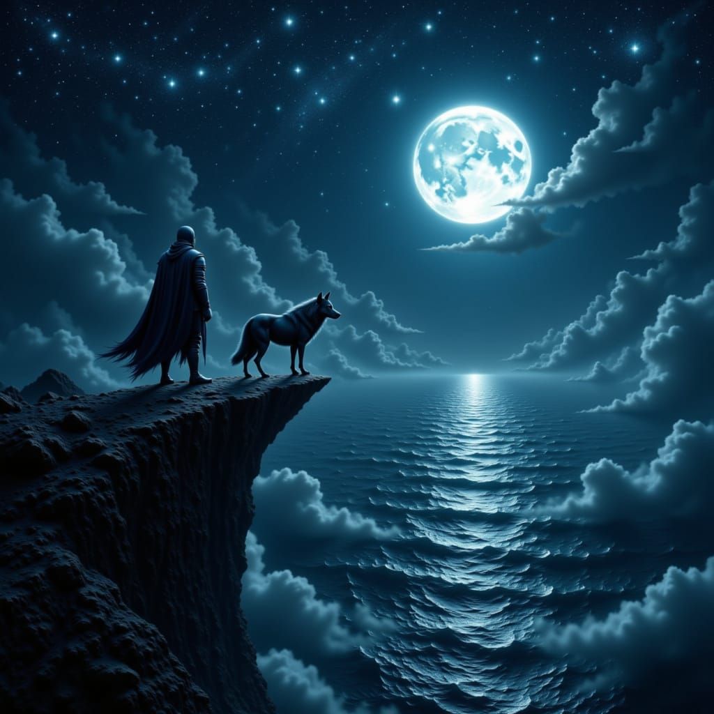 Knight and Wolf on Moonlit Cliff, Dark Fantasy Digital Paint...
