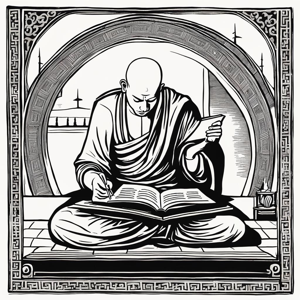 9th Century Indian Monk in Medieval Woodcut Style