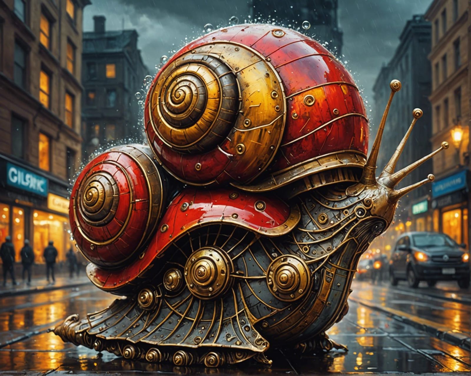 Steampunk Snail in Red Dress: Oil Painting