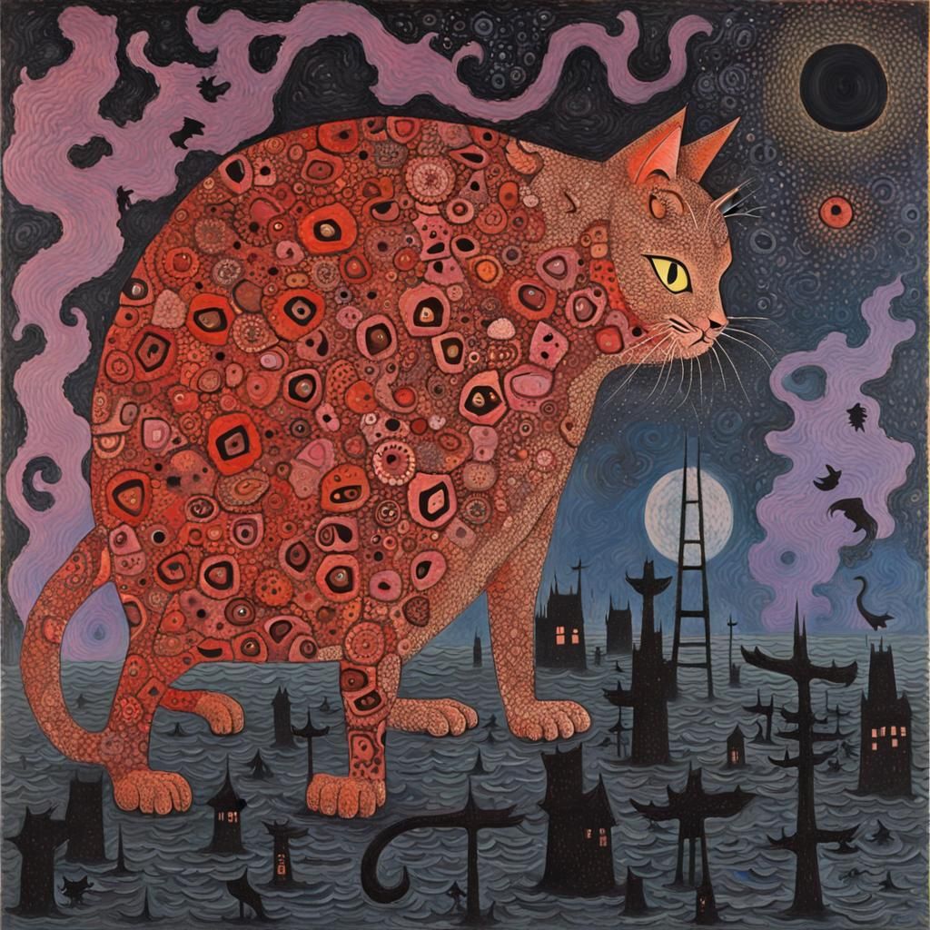 Expressionist Tokyo Cat Mixed Media Painting