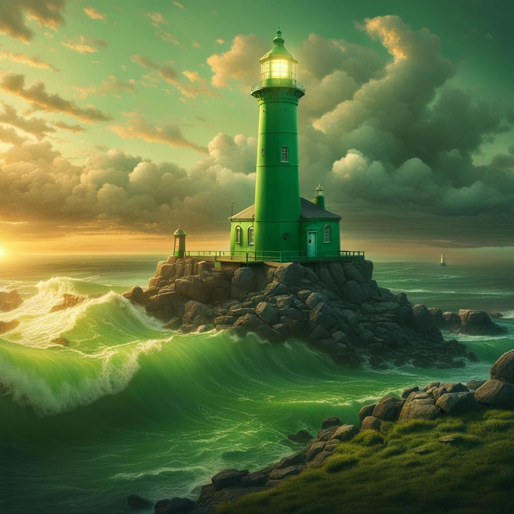 Green Lighthouse at Sunrise: Digital Matte Painting