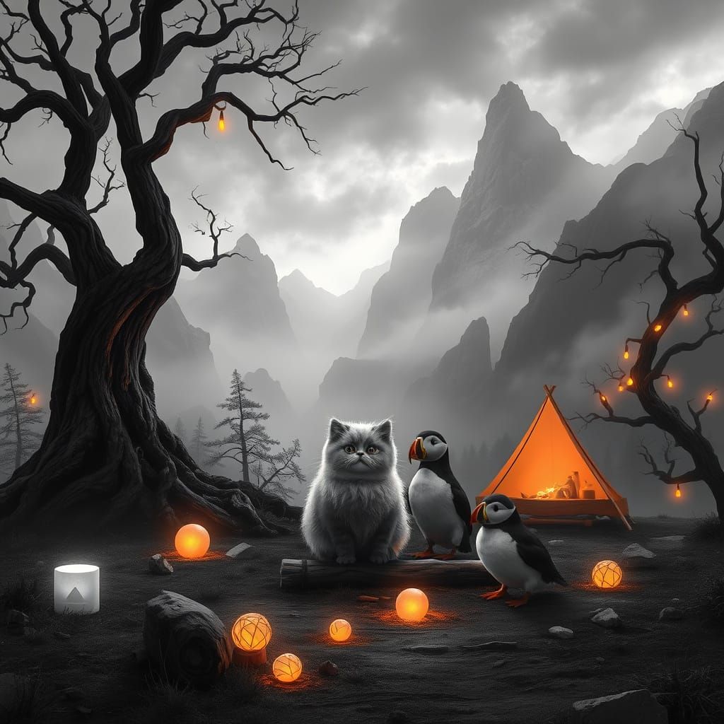 Mystical Black and White Landscape with Camping Cat and Puff...