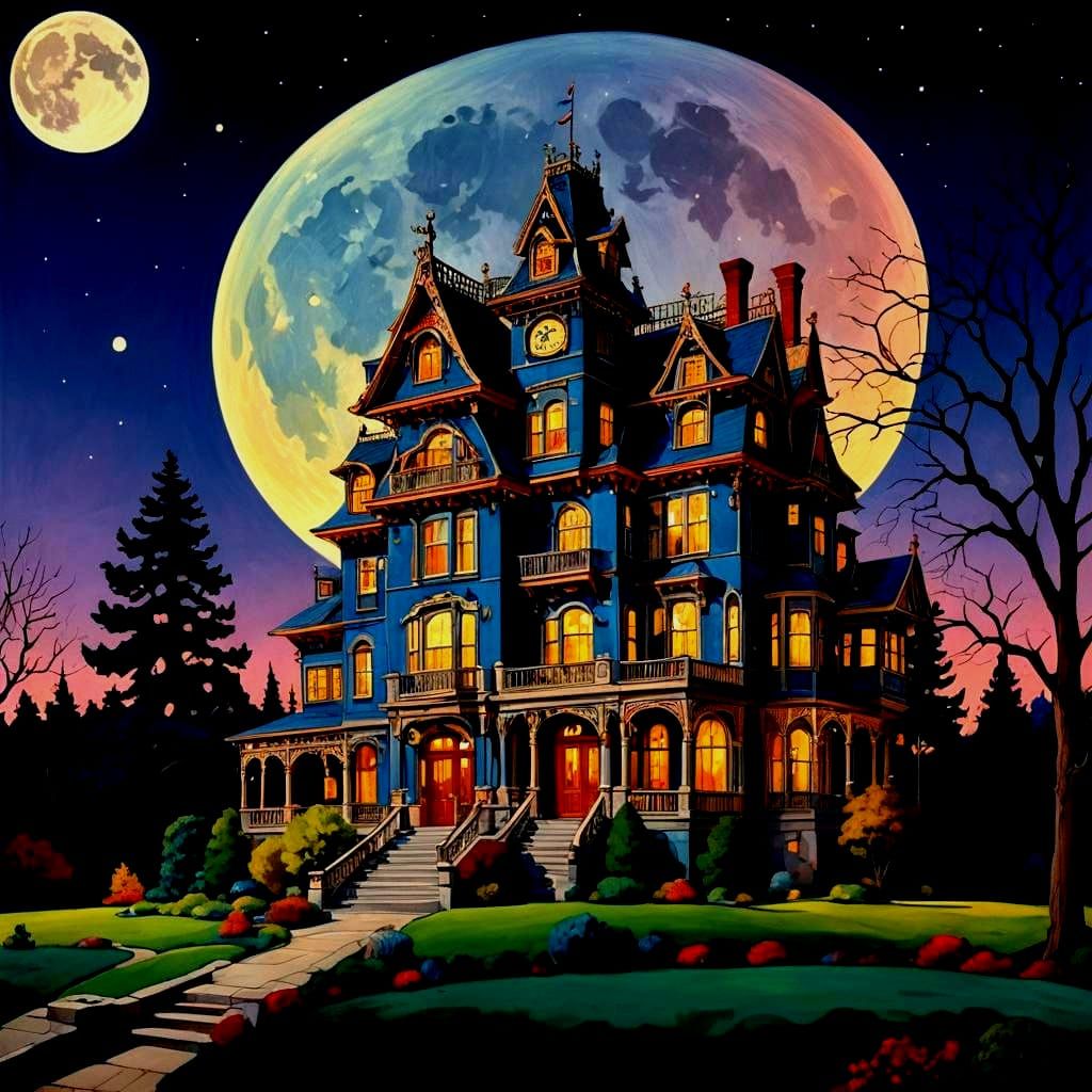 Strange Multicolor Mansion Under Moonlight