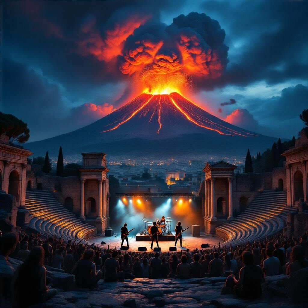 Rock Concert in Roman Amphitheater with Erupting Volcano