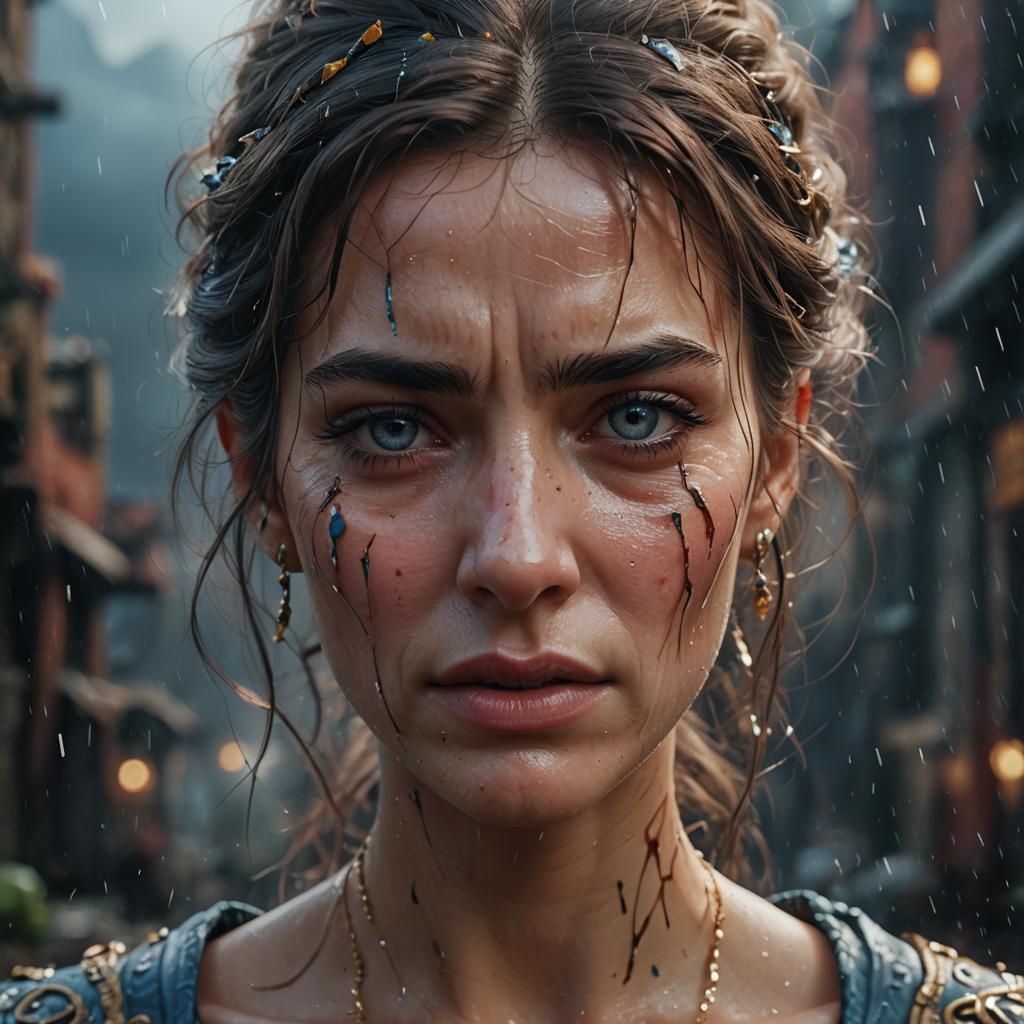 Crying Woman: Detailed Matte Painting in Deep Color