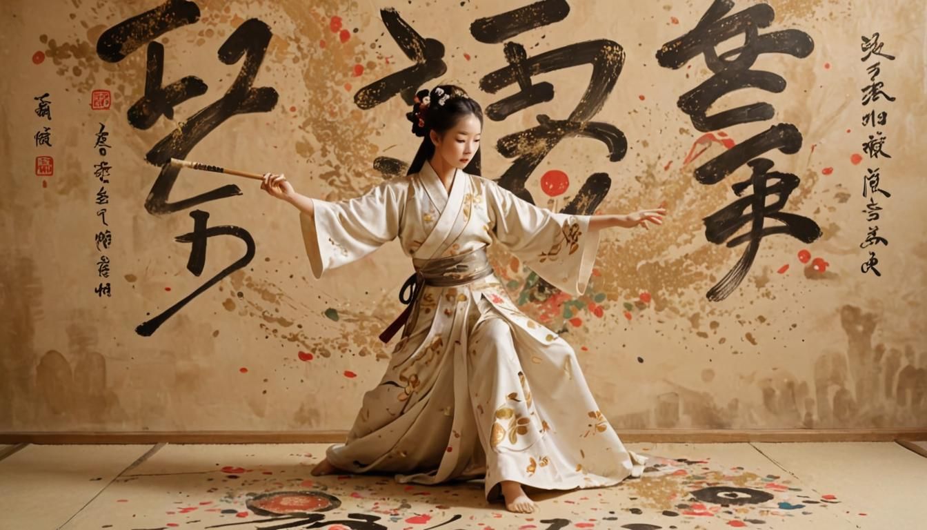 Japanese Princess Dancing with Calligraphy Brush