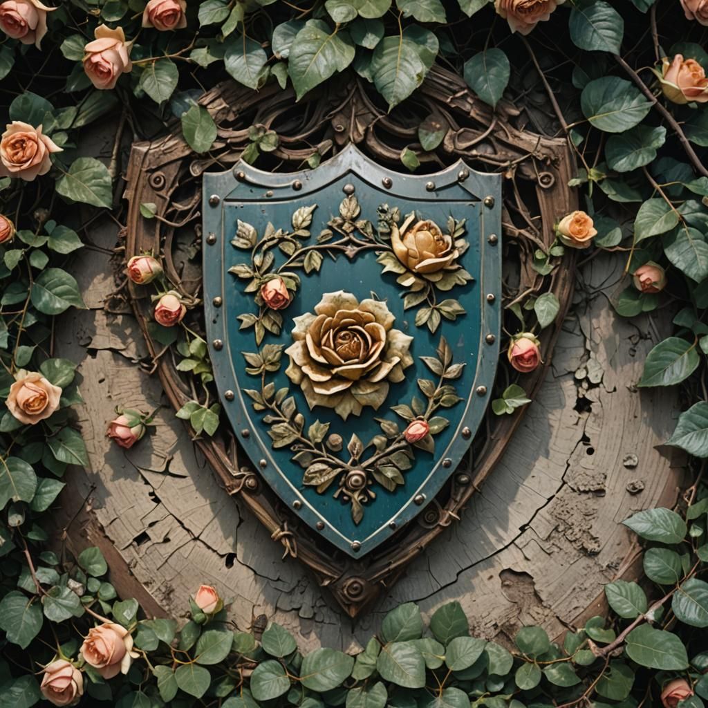 Decayed Rose Shield Under Tree: Cinematic Detail