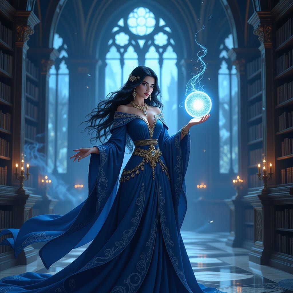 Sorceress in Ancient Library Holding Glowing Orb, Detailed C...