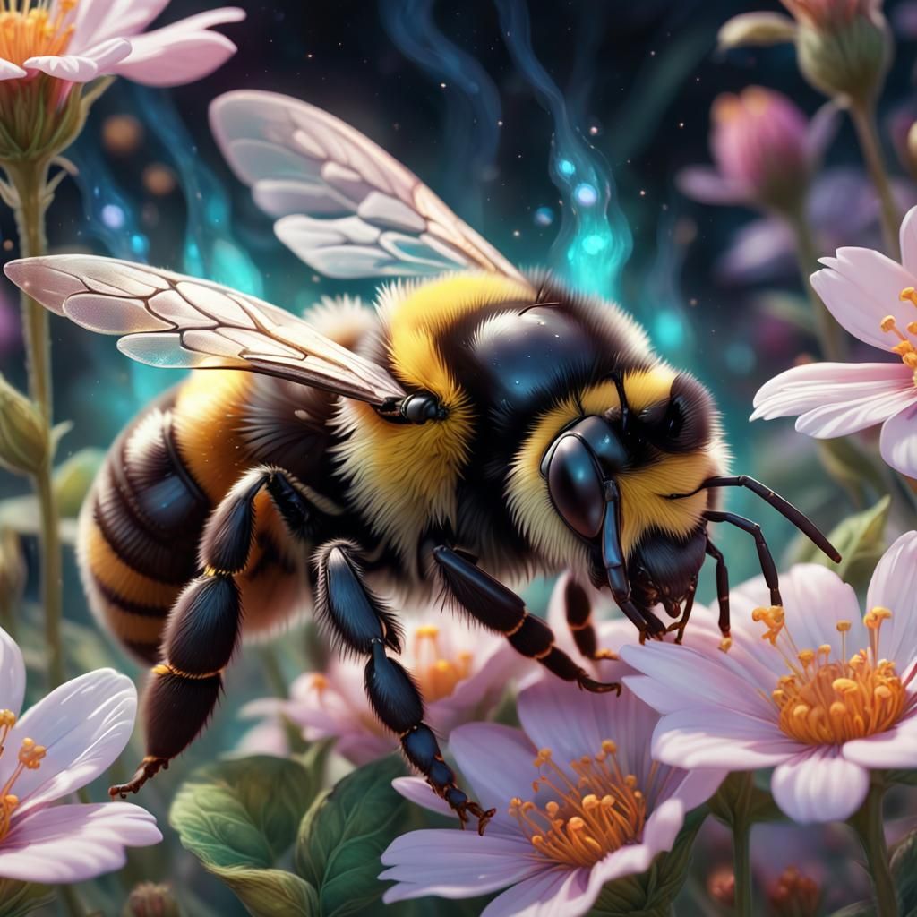 Macro Bumble Bee Pollinating Flower as Digital Painting