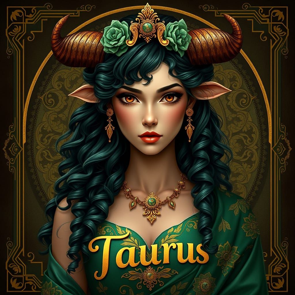 Ethereal Taurus Queen in Ancient, Ornate Splendor