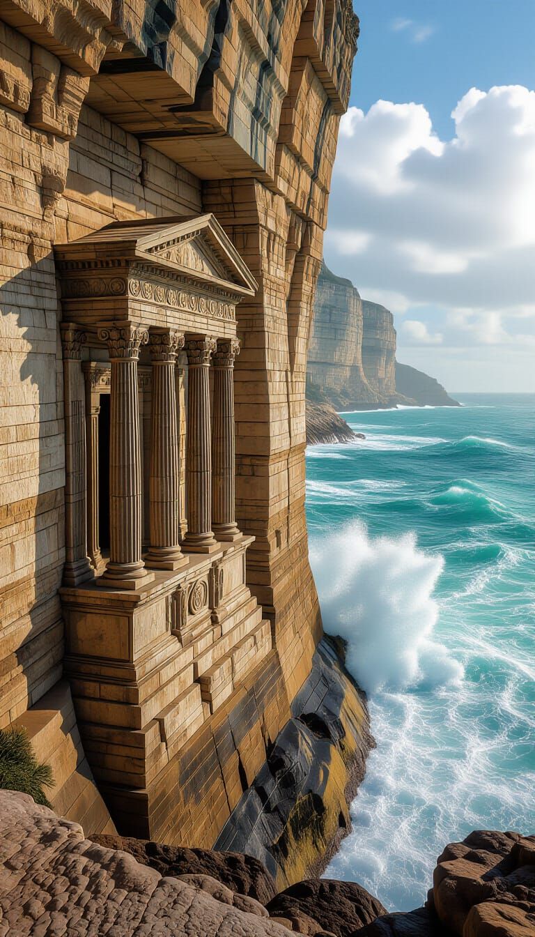 Ancient Cliffside Temple Overlooking Turbulent Sea