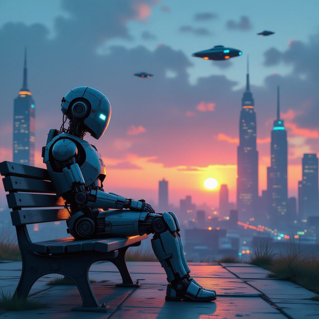 Melancholic Robot Watches Sunset Over Neo-futurist Cityscape