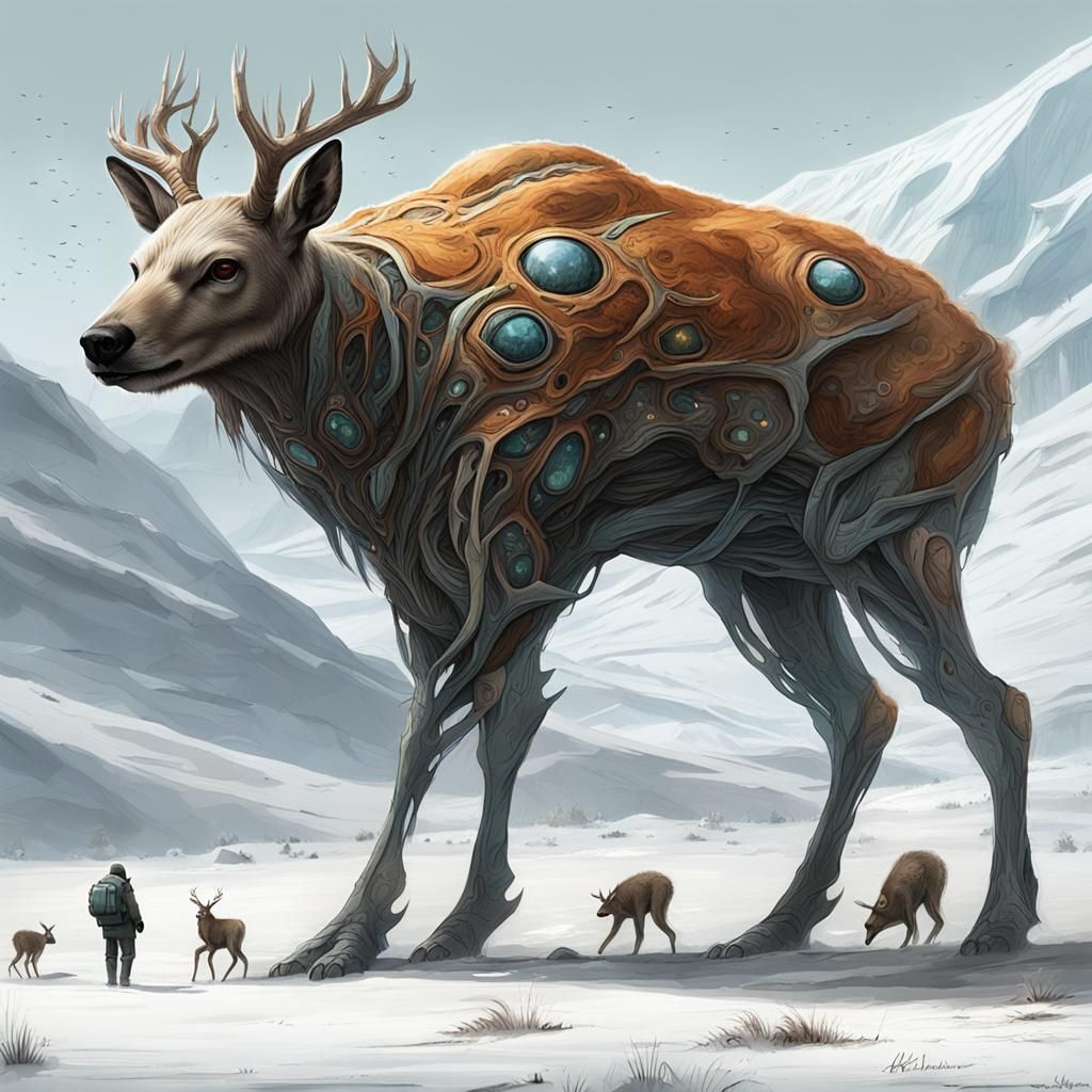 Alien Exoplanet with Deer-Bear Creatures