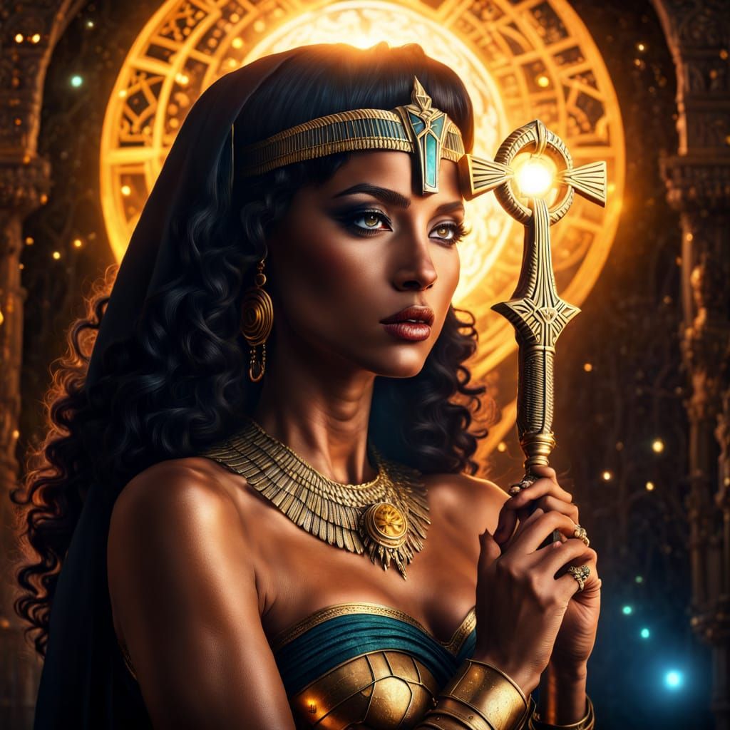 Ethereal Priestess Adorned in Golden Egyptian Jewelry, Holdi...