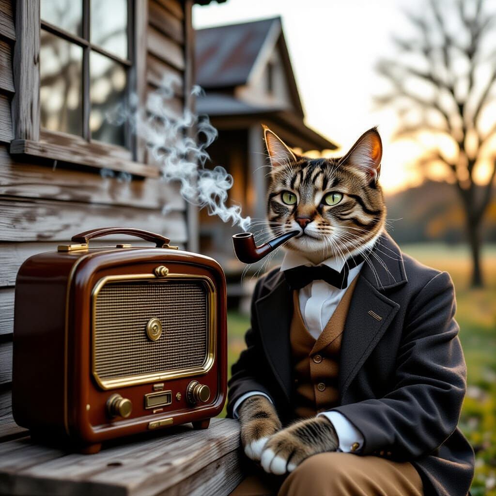 Whimsical Cat with Moustache in Vintage Style