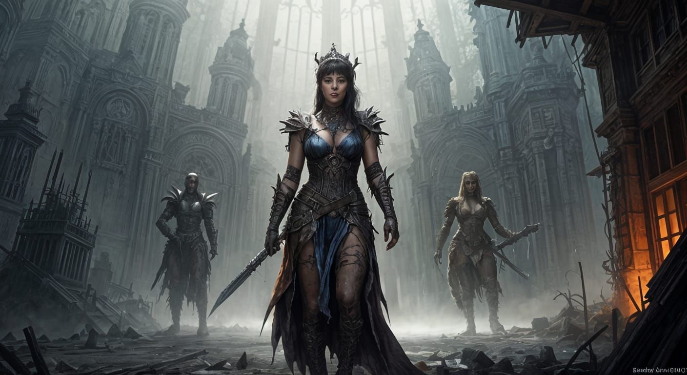 Dressed as a dungeon and dragon character, Betty Page is a brave, beautiful and sweet woman, Dirty, rusty, broken enviro...