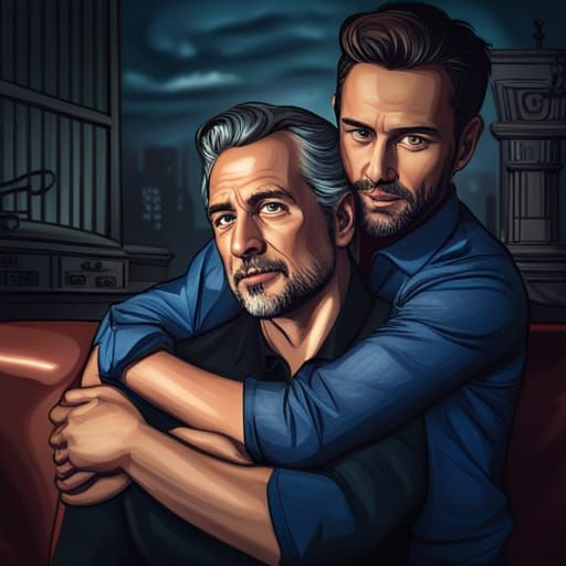 Intimate Night: Male Couple Embrace in Living Room