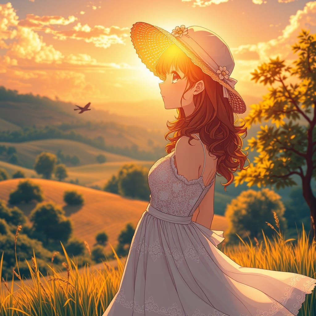 Anime Girl Basks in Sunset Countryside