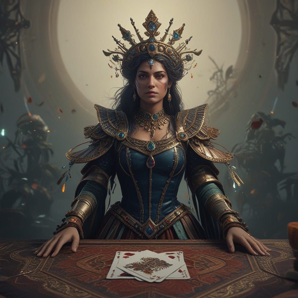 Dressed in ornate royal attire, the Rainbow Queen emerges from a large, antique playing card in a style reminiscent of A...